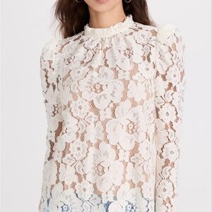 WAYF Ivory Floral Lace Tie Neck Blouse Puff Sleeve XS NWT